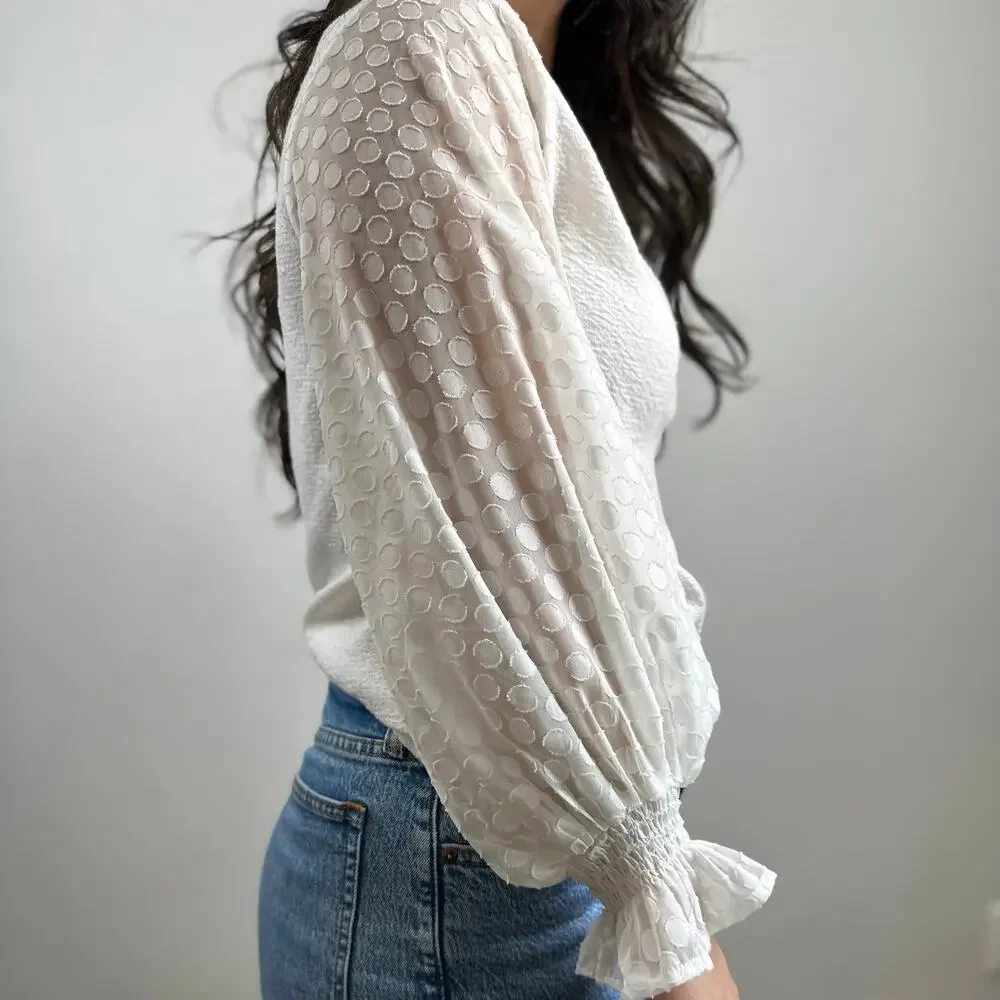 Sunday in Brooklyn White Sheer Polka Dot Sleeve Blouse
